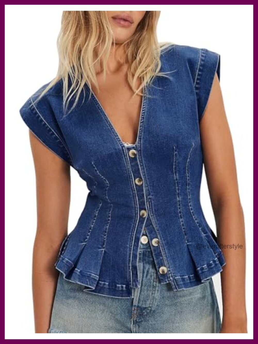 Pleated Button Down Denim Vest Cap Sleeve Corset Style Y2K